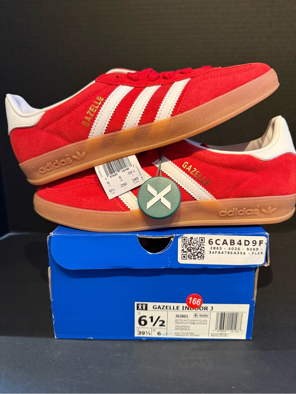 adidas Gazelle Indoor Sneaker in Red and White with Gum Sole 6.5M/7.5W